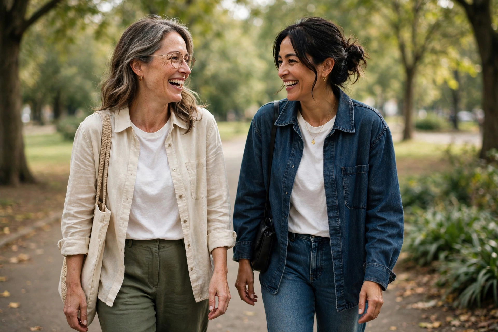 Two women walking together in a green park