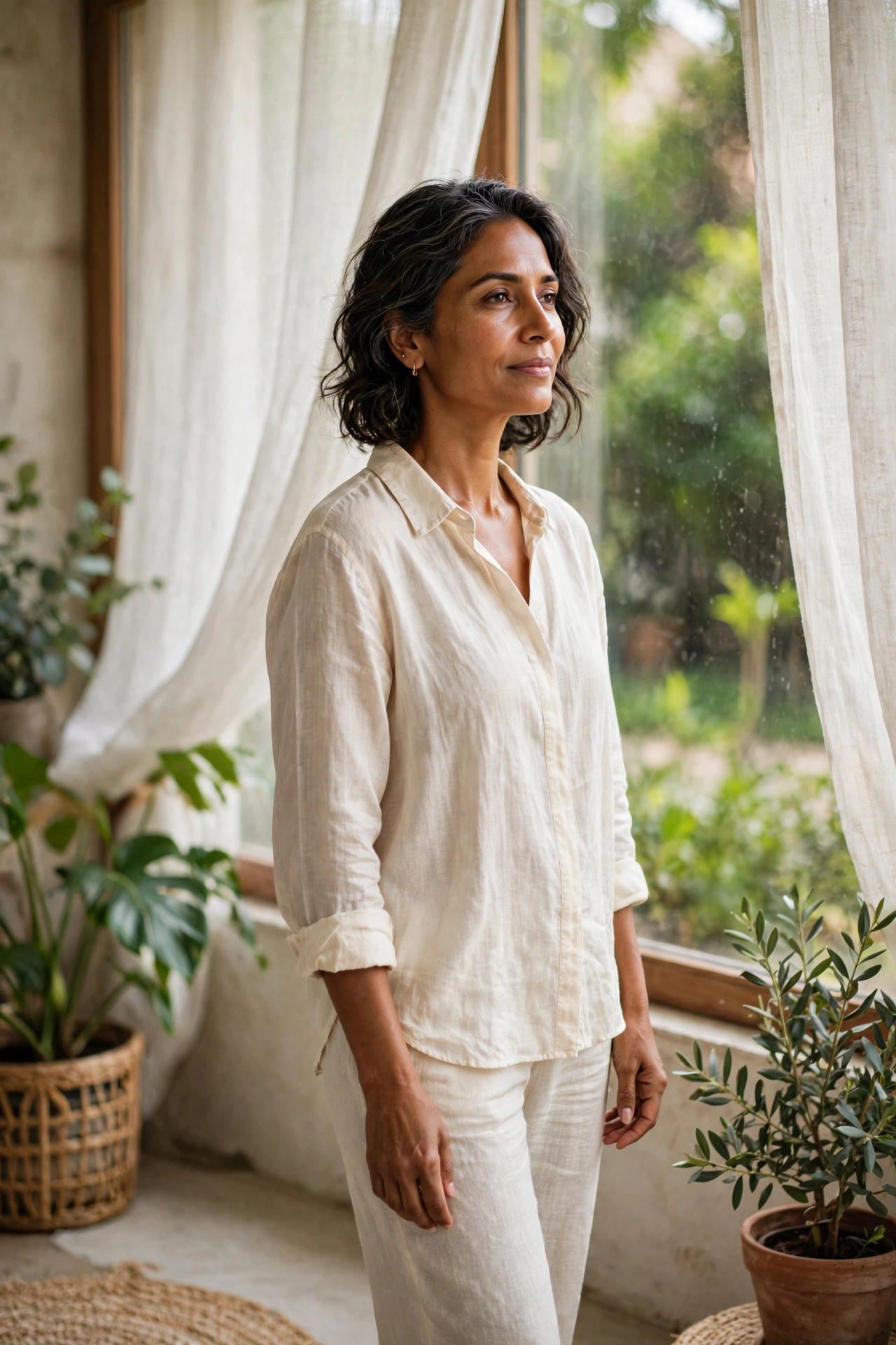 A calm, confident mature woman in soft natural daylight